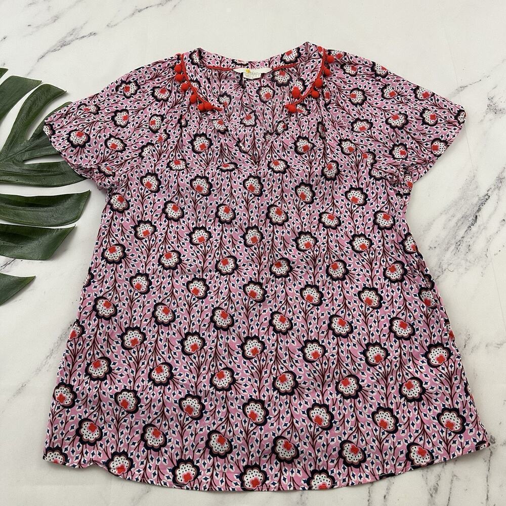 Boden Womens Nessa Pom Pom Trim Blouse Top Size 6 Pink Red Floral Cotton